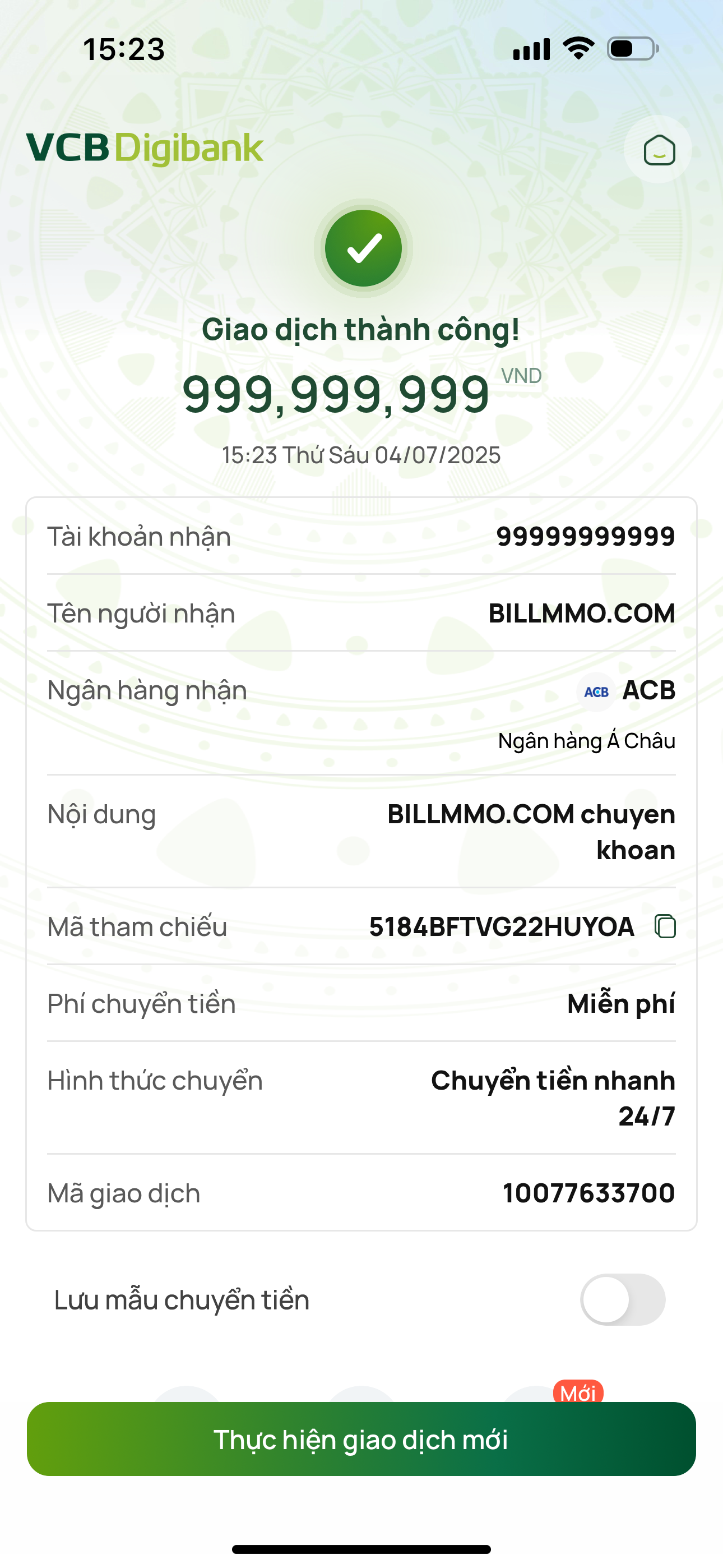 Demo bill VCB Digibank tại Billmmo.com