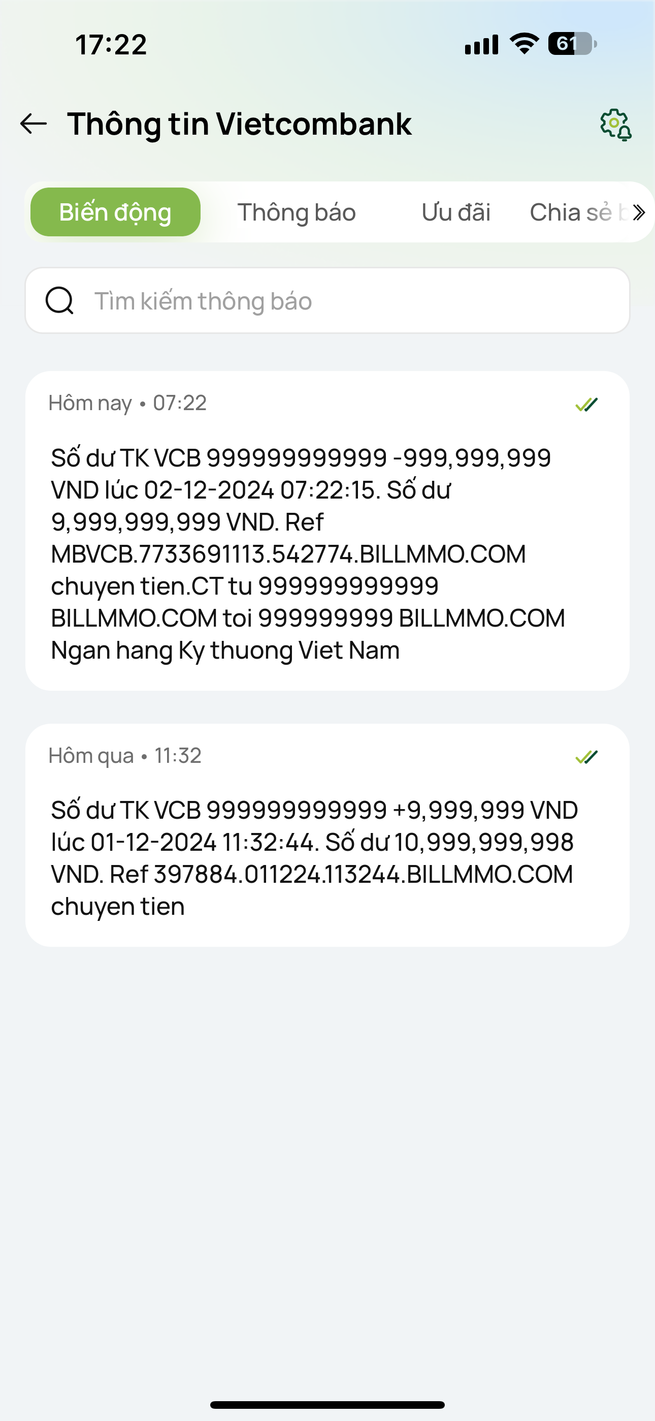 Demo bill biến động số dư tại Autobill.plus